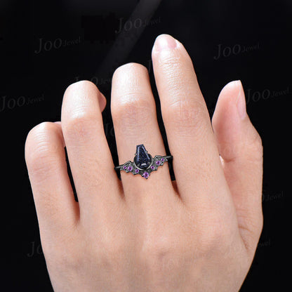 Coffin Cut Galaxy Starry Night Blue Sandstone Amethyst Bridal Ring Unique Blue Goldstone Black Gold Retro Bat Wing Wedding Ring for Women