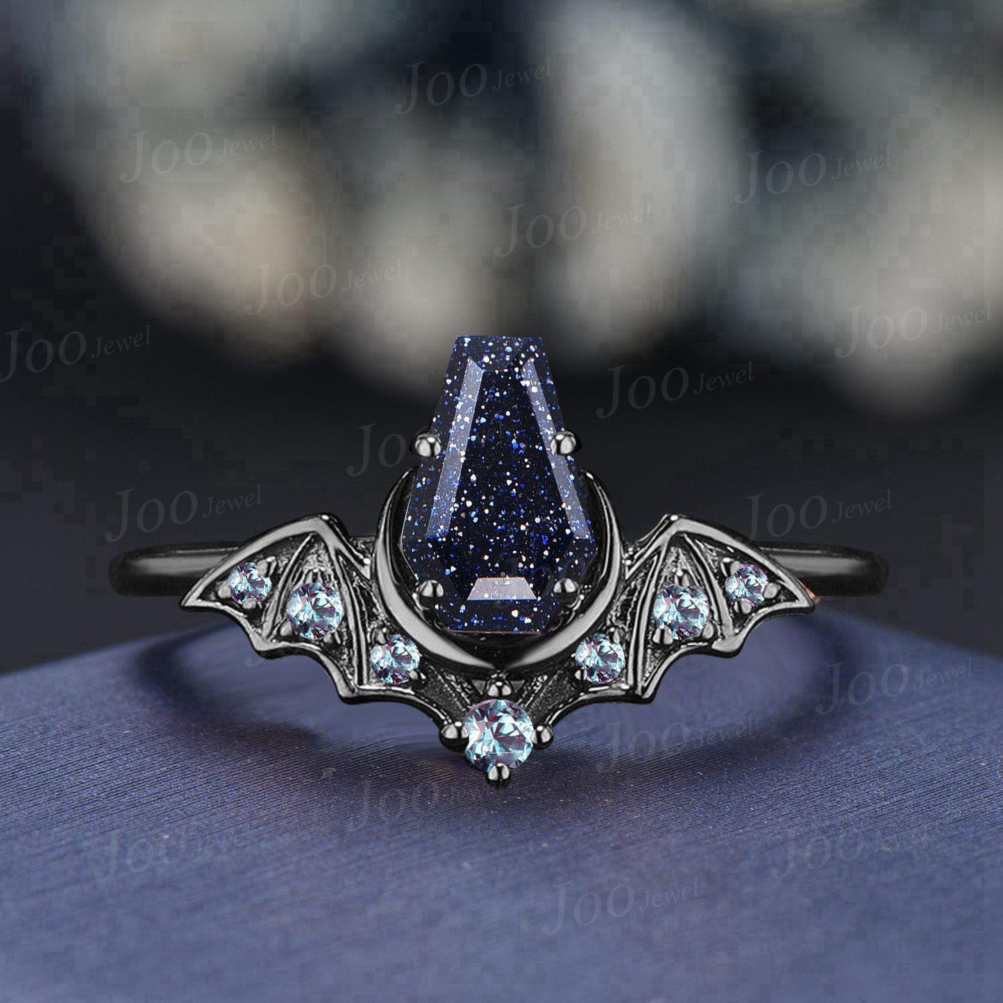 Coffin Cut Galaxy Starry Night Blue Sandstone Amethyst Bridal Ring Unique Blue Goldstone Black Gold Retro Bat Wing Wedding Ring for Women