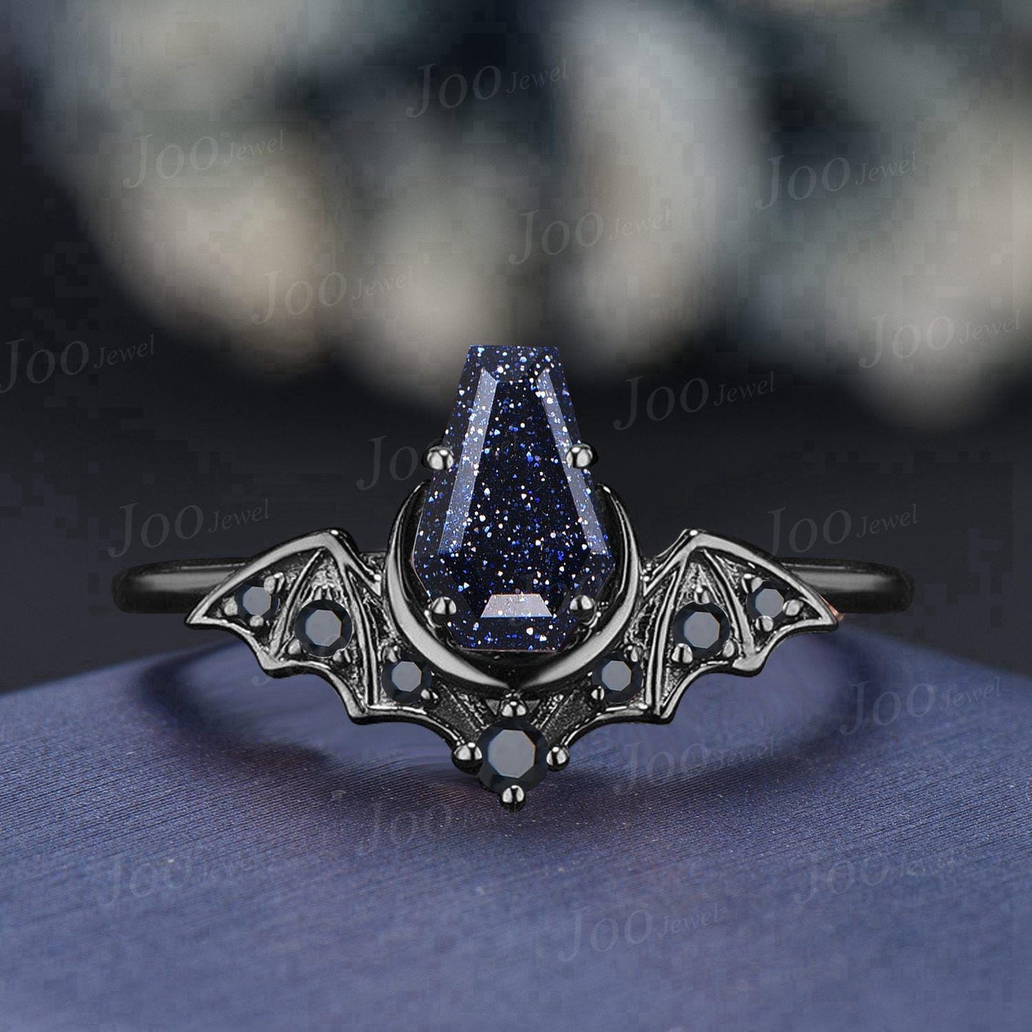 Coffin Cut Galaxy Starry Night Blue Sandstone Amethyst Bridal Ring Unique Blue Goldstone Black Gold Retro Bat Wing Wedding Ring for Women