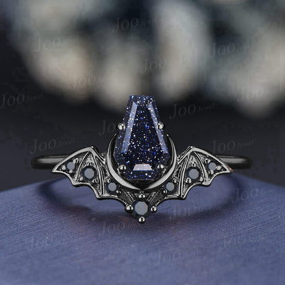 Coffin Cut Galaxy Starry Night Blue Sandstone Amethyst Bridal Ring Unique Blue Goldstone Black Gold Retro Bat Wing Wedding Ring for Women
