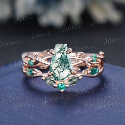 Black Gold Natural Green Moss Agate Emerald Bridal Ring Set Twig Vine Coffin Cut Moss Agate Wedding Ring Goth Black Promise Rings for Women
