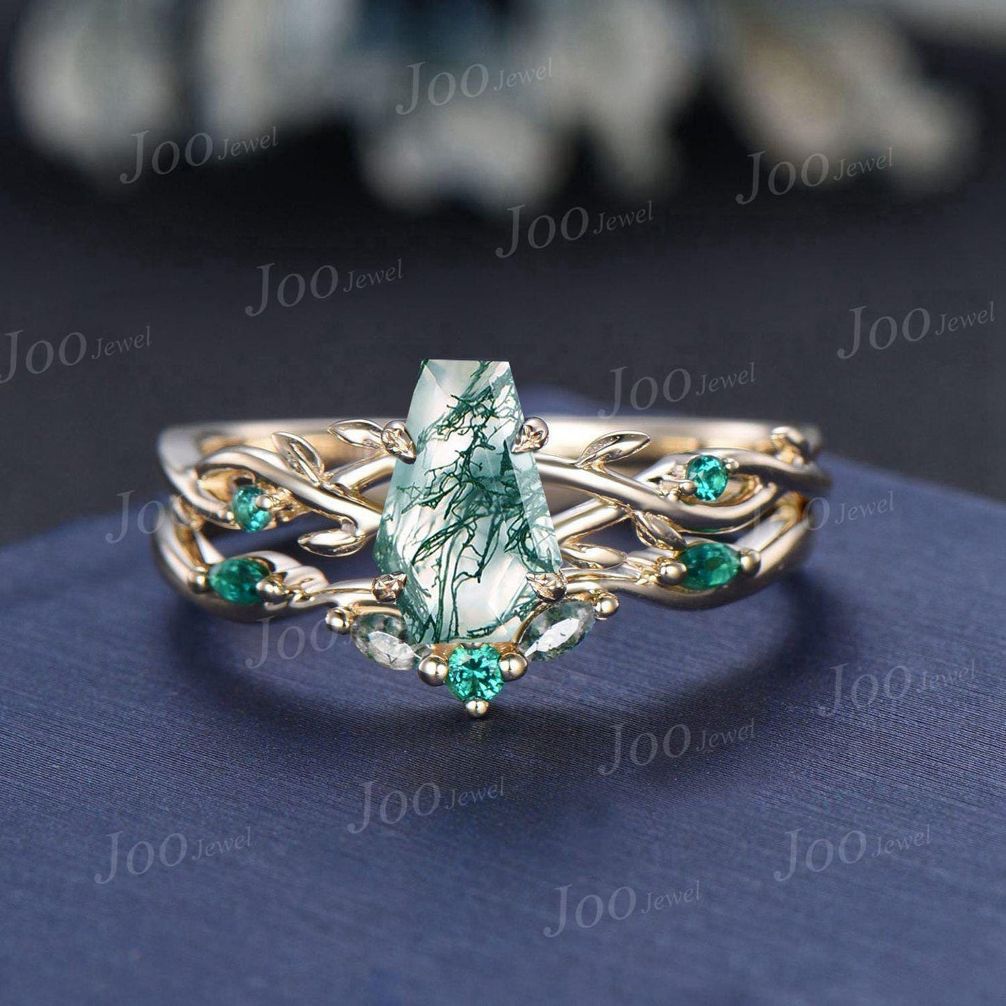 Black Gold Natural Green Moss Agate Emerald Bridal Ring Set Twig Vine Coffin Cut Moss Agate Wedding Ring Goth Black Promise Rings for Women