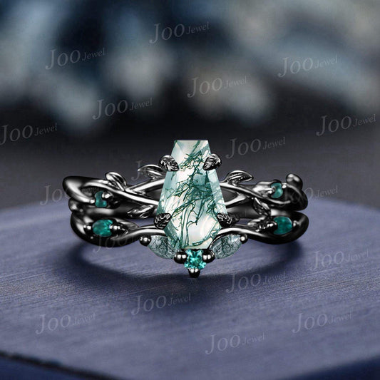 Black Gold Natural Green Moss Agate Emerald Bridal Ring Set Twig Vine Coffin Cut Moss Agate Wedding Ring Goth Black Promise Rings for Women