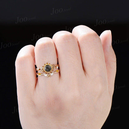 Sunflower Wedding Ring Solid 10K Gold Natural Citrine Black Rutilated Quartz Twisted Vine Floral Engagement Ring for Women Birthday Gifts