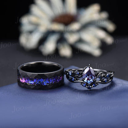 2pcs Color-Change Alexandrite Sapphire Couple Ring Nature Inspired Gothic His and Her Black Promise Ring No-Fading Tungsten Matching Band