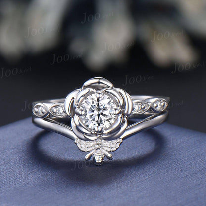 Rose Flower Bee Bridal Ring Round Cut Lab-Grown Diamond Floral Engagement Ring with IGI Certificate Unique Spring Collection Wedding Ideas