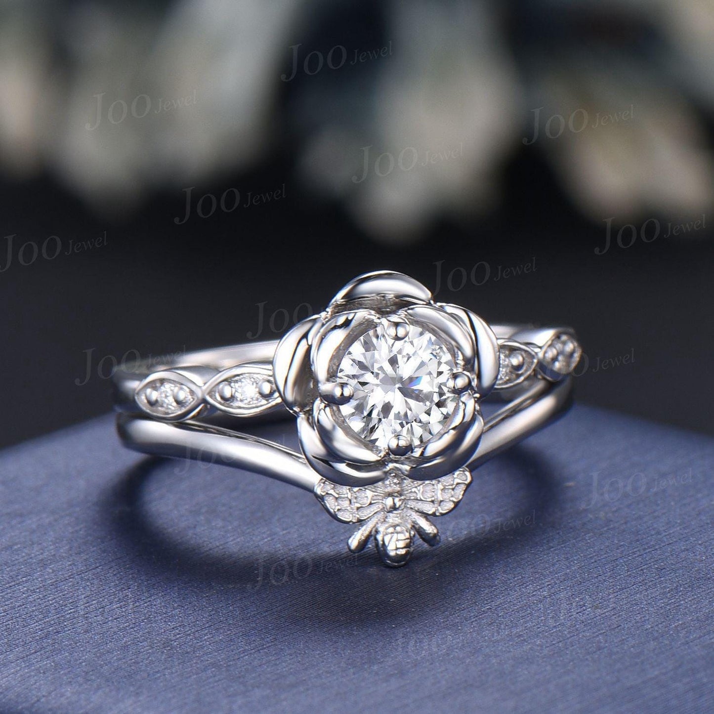 Rose Flower Bee Bridal Ring Round Cut Lab-Grown Diamond Floral Engagement Ring with IGI Certificate Unique Spring Collection Wedding Ideas