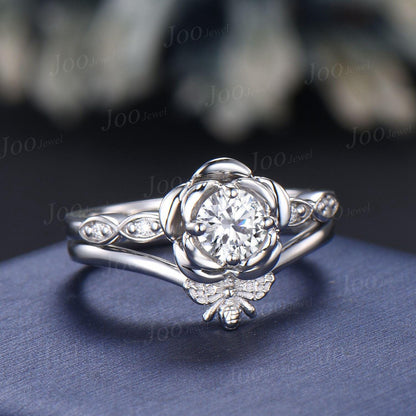 Rose Flower Bee Bridal Ring Round Cut Lab-Grown Diamond Floral Engagement Ring with IGI Certificate Unique Spring Collection Wedding Ideas