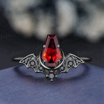 Coffin Shaped Natural Garnet Bat Engagement Rings Set 14K Black Gold Retro Coffin Moon Wedding Ring Set HipHop Punk January Birthstone Gift