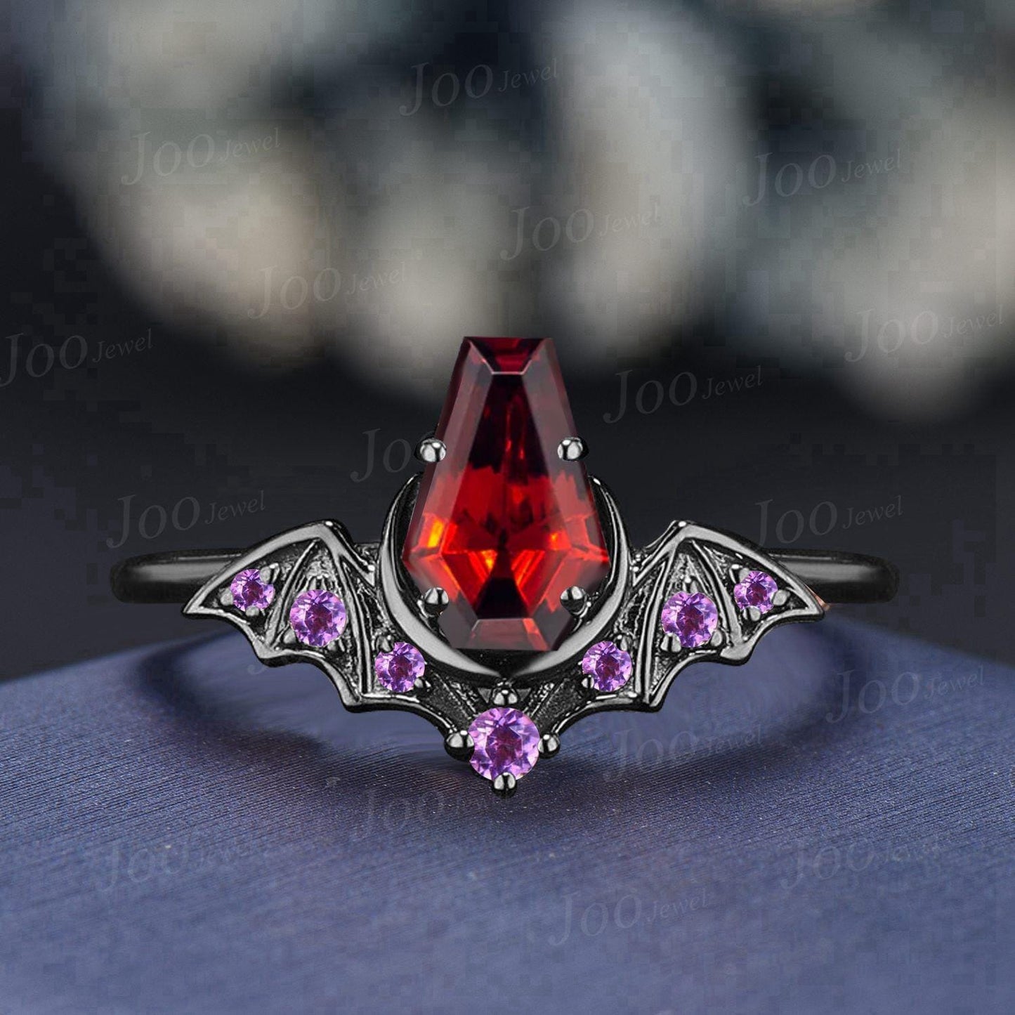Coffin Shaped Natural Garnet Bat Engagement Rings Set 14K Black Gold Retro Coffin Moon Wedding Ring Set HipHop Punk January Birthstone Gift