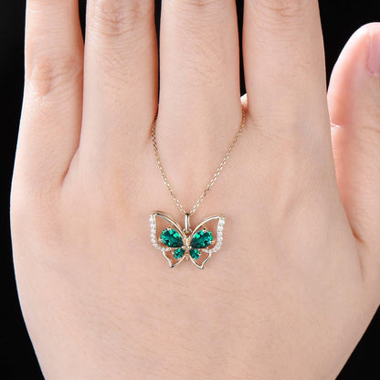 Butterfly Emerald Necklace Pear Cut Green Emerald Pendant 14K Yellow Gold Wedding Necklace May Birthstone Gifts for Daughter/Butterfly Lover