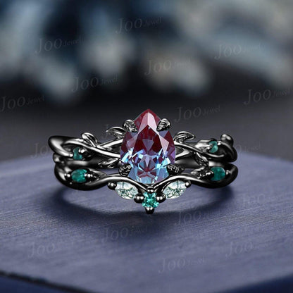 Twig Vine Heart Cut Color-Change Alexandrite Engagement Ring Set Heart Wedding Ring Set Goth Black Promise Ring for Women Anniversary Gifts