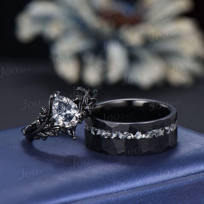 Gray Moissanite Engagement Ring Leaf Couple Set Tungsten Meteorite Men's No-Fading Black Wedding Ring His And Hers Gothic Matching Band Gift
