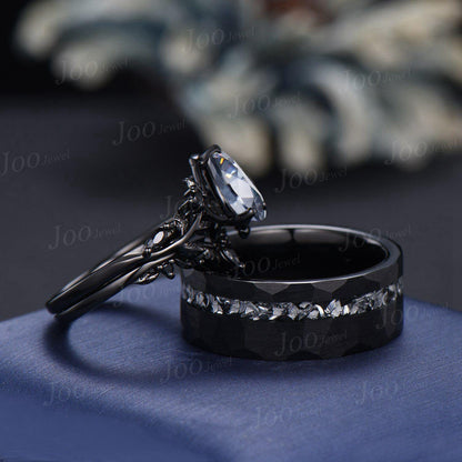 Gray Moissanite Engagement Ring Leaf Couple Set Tungsten Meteorite Men's No-Fading Black Wedding Ring His And Hers Gothic Matching Band Gift