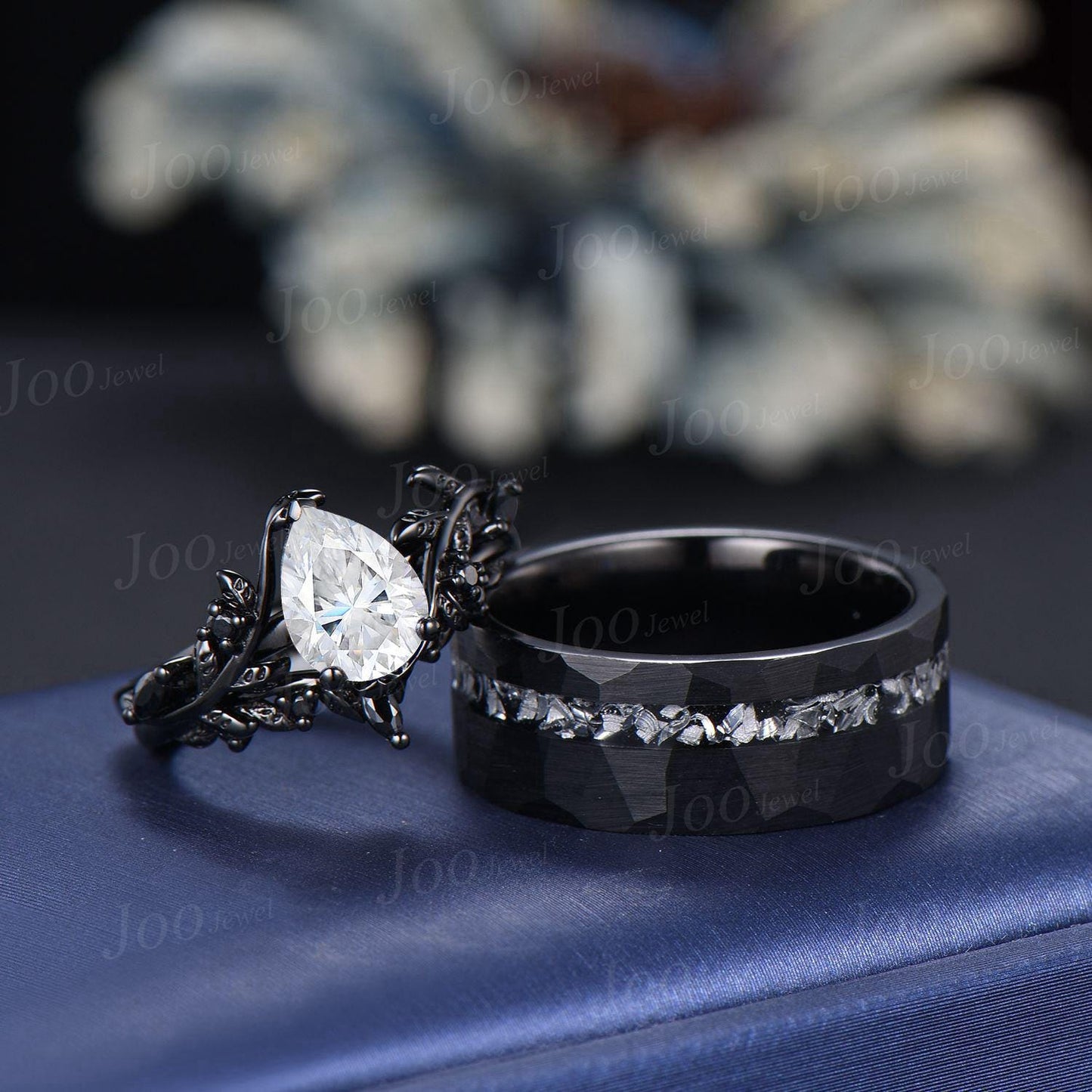 Pear Cut Moissanite and Meteorite Couples Ring Set- His and Hers Black Wedding Band Sterling Silver Matching Band Gothic Couple Promise Ring