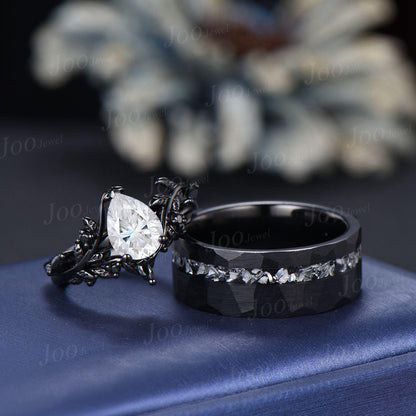 Pear Cut Moissanite and Meteorite Couples Ring Set- His and Hers Black Wedding Band Sterling Silver Matching Band Gothic Couple Promise Ring