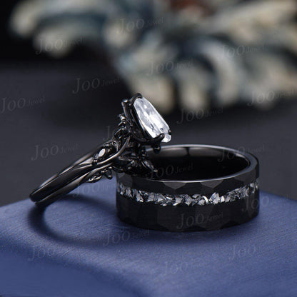 Pear Cut Moissanite and Meteorite Couples Ring Set- His and Hers Black Wedding Band Sterling Silver Matching Band Gothic Couple Promise Ring