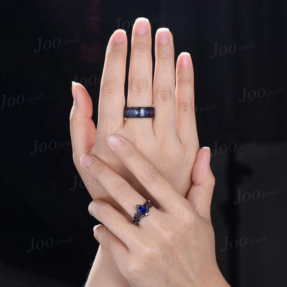 2pcs Pear Color-Change Alexandrite Amethyst Couple Set Nature Inspired Gothic His and Her Black Promise Ring Tungsten Galaxy Matching Band