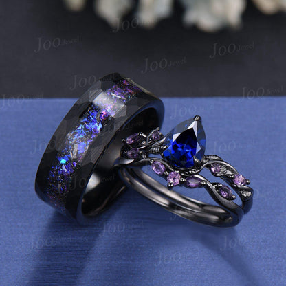 2pcs Pear Color-Change Alexandrite Amethyst Couple Set Nature Inspired Gothic His and Her Black Promise Ring Tungsten Galaxy Matching Band