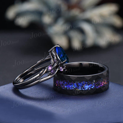 2pcs Pear Color-Change Alexandrite Amethyst Couple Set Nature Inspired Gothic His and Her Black Promise Ring Tungsten Galaxy Matching Band