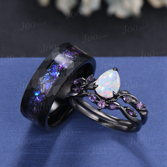 Galaxy Couples Ring Set-His and Hers Wedding Band- Black Gold White Opal Amethyst Wedding Ring/ No-fading Black Tungsten Matching Ring Men