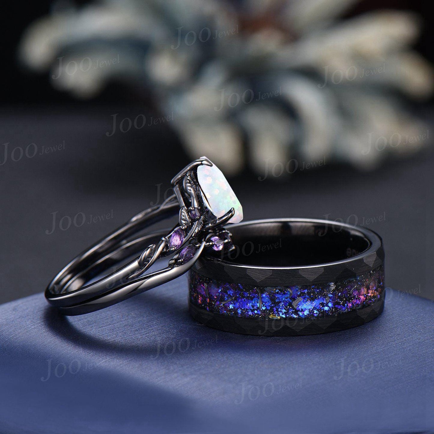 Galaxy Couples Ring Set-His and Hers Wedding Band- Black Gold White Opal Amethyst Wedding Ring/ No-fading Black Tungsten Matching Ring Men