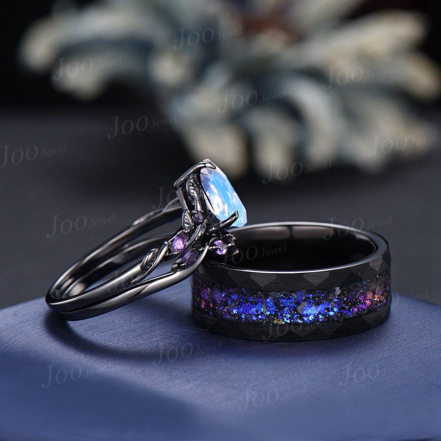 2pcs Pear Cut Natural Moonstone Amethyst Couple Ring Set Nature Inspired Gothic His and Her Black Promise Ring Tungsten Galaxy Matching Band