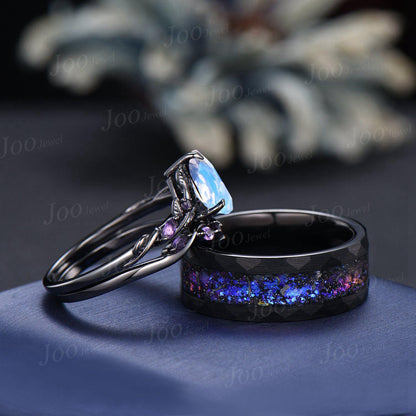 2pcs Pear Cut Natural Moonstone Amethyst Couple Ring Set Nature Inspired Gothic His and Her Black Promise Ring Tungsten Galaxy Matching Band