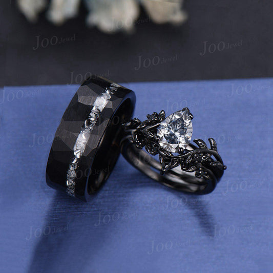 Gray Moissanite Engagement Ring Leaf Couple Set Tungsten Meteorite Men's No-Fading Black Wedding Ring His And Hers Gothic Matching Band Gift