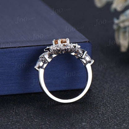 Sun & Moon Nature Citrine Engagement Ring Yellow Gemstone Jewelry Starburst Moon Ring Unique Crystal Healing Stone Ring Birthday Gifts Women