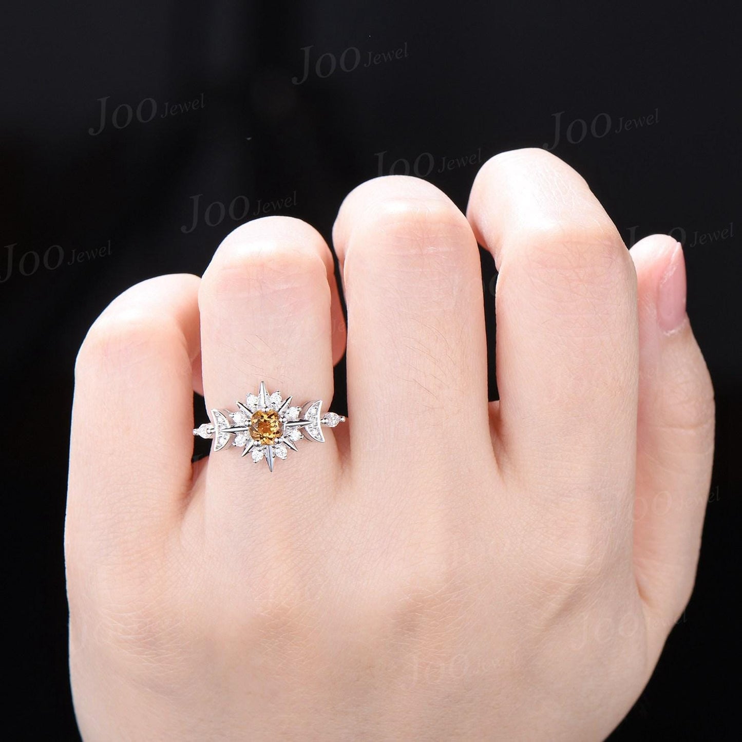 Sun & Moon Nature Citrine Engagement Ring Yellow Gemstone Jewelry Starburst Moon Ring Unique Crystal Healing Stone Ring Birthday Gifts Women