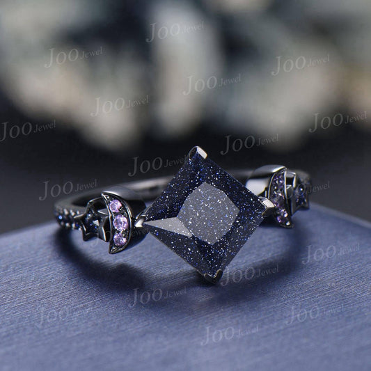 2ct Princess Cut Galaxy Starry Night Blue Sandstone Amethyst Moon Star Wedding Ring Gothic Dark Retro Black Gold Engagement Ring for Women