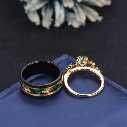 Natural Green Moss Agate Emerald Leaf Couples Ring Set- His and Hers Wedding Band-Yellow Gold Vermeil/Tungsten Matching Unique Promise Rings