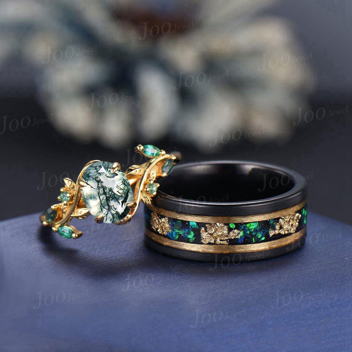 Natural Green Moss Agate Emerald Leaf Couples Ring Set- His and Hers Wedding Band-Yellow Gold Vermeil/Tungsten Matching Unique Promise Rings