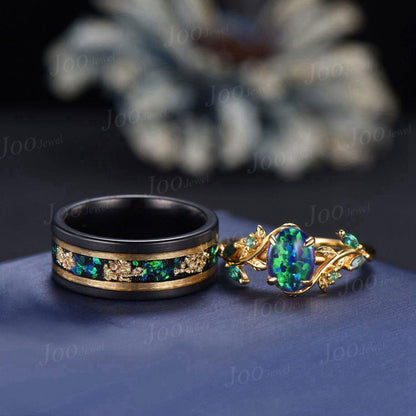 1.5ct Oval Cut Black Opal Emerald Leaf Couples Ring Set- His and Hers Meteorite Wedding Band- Yellow Gold Bridal Ring/Tungsten Matching Ring