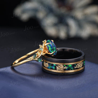 1.5ct Oval Cut Black Opal Emerald Leaf Couples Ring Set- His and Hers Meteorite Wedding Band- Yellow Gold Bridal Ring/Tungsten Matching Ring