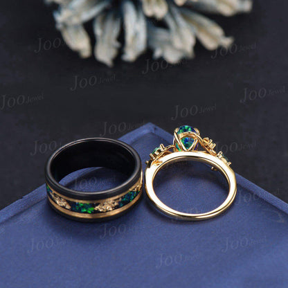 1.5ct Oval Cut Black Opal Emerald Leaf Couples Ring Set- His and Hers Meteorite Wedding Band- Yellow Gold Bridal Ring/Tungsten Matching Ring