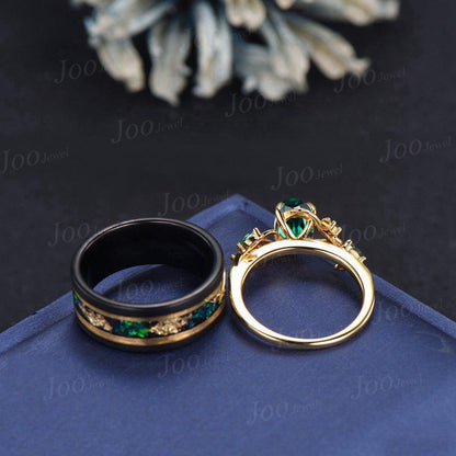 Green Emerald & Meteorite Gold Leaf Couples Ring-His and Hers Wedding Band-Gold Ring Set-Matching Nature Couples Unique Vintage Promise Ring