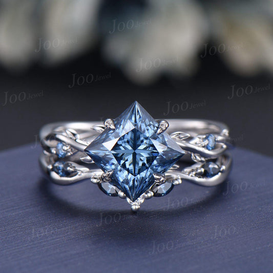 2ct Princess Cut Blue Moissanite Diamond Engagement Ring Set 14K White Gold Proposal Ring Gift Twig Vine Bridal Sets Twisted Wedding Rings