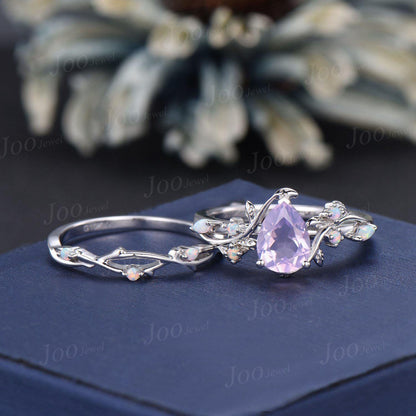 Pear Cut Natural Lavender Amethyst Opal Ring Set Sterling Silver Nature Inspired Branch Leaf Bridal Wedding Ring Unique Spring Romantic Gift