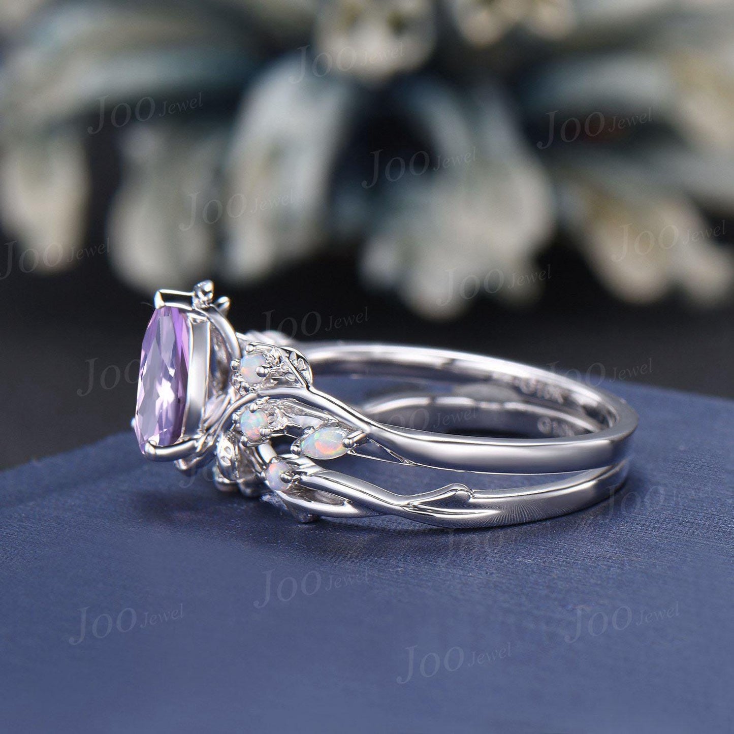 Pear Cut Natural Lavender Amethyst Opal Ring Set Sterling Silver Nature Inspired Branch Leaf Bridal Wedding Ring Unique Spring Romantic Gift