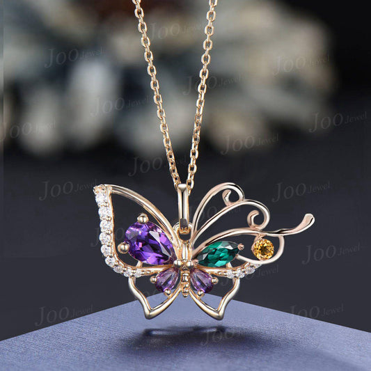 Natural Amethyst Emerald Color Butterfly Necklace Vintage Solid 9K Gold Personalized Birthstone Pendant February Birthstone Gifts For Women