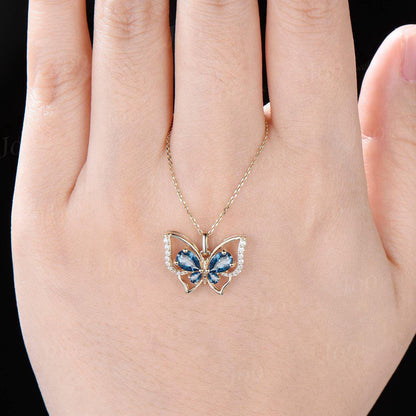 Natural London Blue Topaz Butterfly Necklace Vintage Sterling Silver Teardrop Cut Topaz Pendant Unique December Birthstone Gift For Daughter