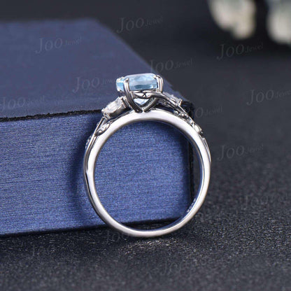 1ct Nature Inspired Round Cut Natural Light Blue Aquamarine Moonstone Ring Sterling Silver Aquamarine Engagement Ring March Birthstone Gifts