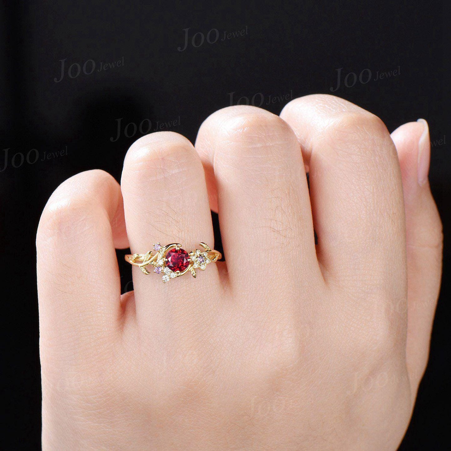 Crescent Moon Round Ruby Amethyst Wedding Ring Yellow Gold Moon Leaf Vine Ruby Engagement Ring Art Deco Promise Ring July Birthstone Gifts