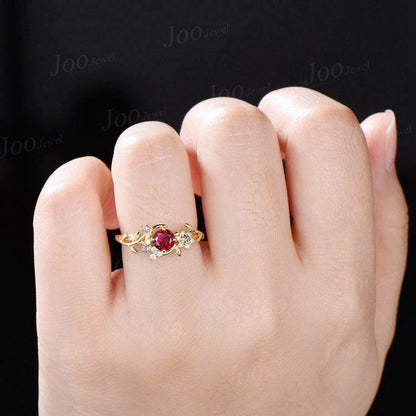 Crescent Moon Round Ruby Amethyst Wedding Ring Yellow Gold Moon Leaf Vine Ruby Engagement Ring Art Deco Promise Ring July Birthstone Gifts