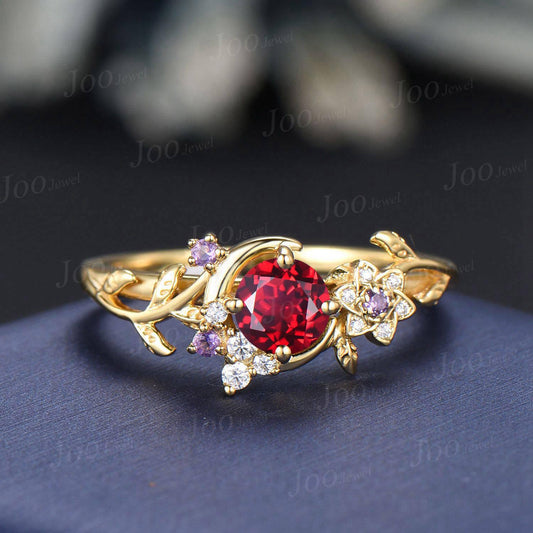 Crescent Moon Round Ruby Amethyst Wedding Ring Yellow Gold Moon Leaf Vine Ruby Engagement Ring Art Deco Promise Ring July Birthstone Gifts