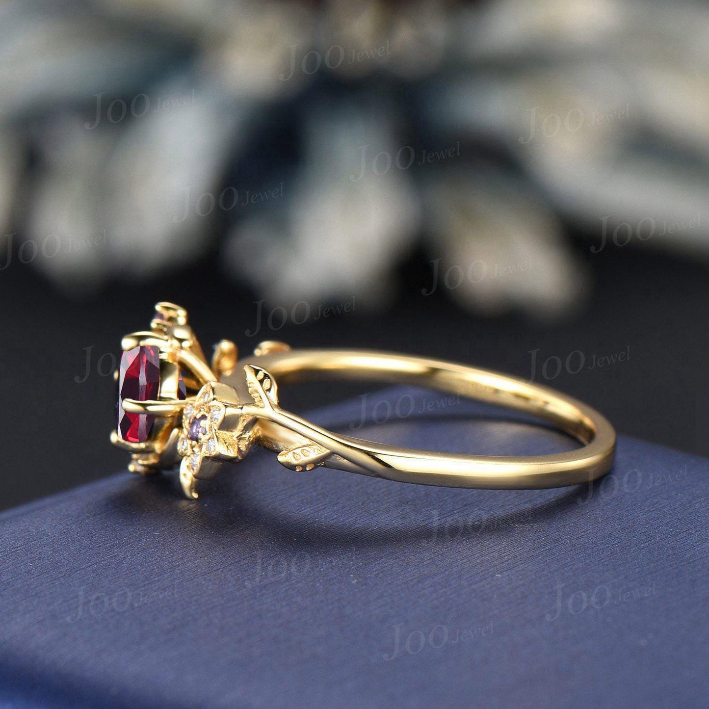Crescent Moon Round Ruby Amethyst Wedding Ring Yellow Gold Moon Leaf Vine Ruby Engagement Ring Art Deco Promise Ring July Birthstone Gifts
