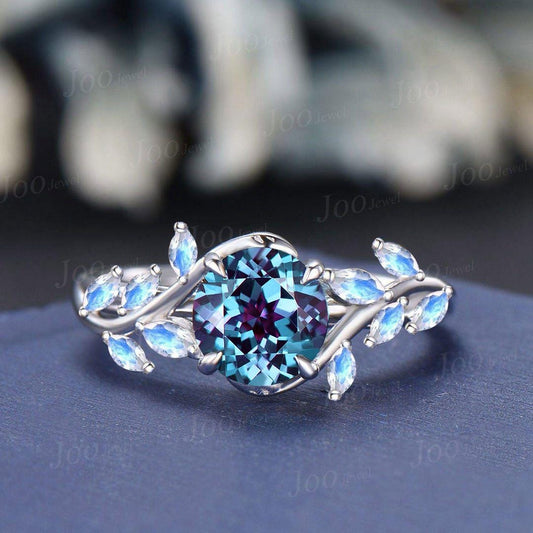 1ct Nature Inspired Round Cut Color-Change Alexandrite Engagement Ring Cluster Marquise Moonstone Ring June Birthstone Jewelry Gifts for Her