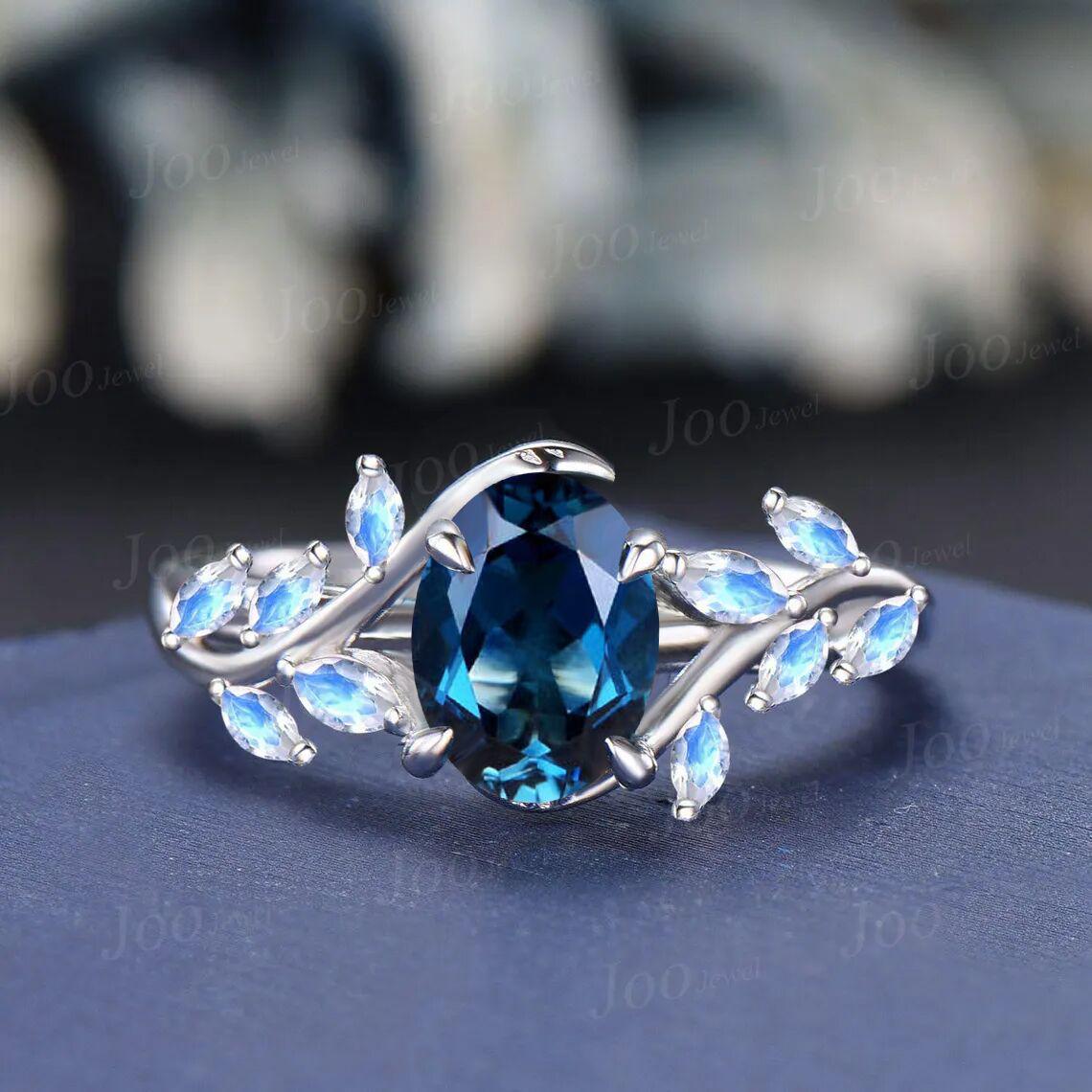 2ct Emerald Cut Natural London Blue Topaz Wedding Ring 14K White Gold Cluster Moonstone Leaf Promise Ring December Birthstone Birthday Gifts